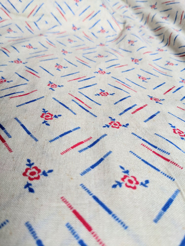 Off White Cotton Fabric In Red and Blue Floral Print, Handloom Fabric, Quilting Fabric